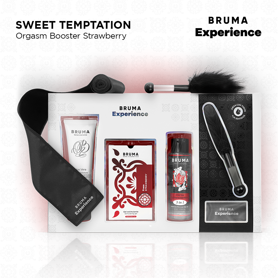 Kit tentazione dolce alla fragola BRUMA XPERIENCE con potenziatore di orgasmo, confezione con prodotto e dettagli visivi.