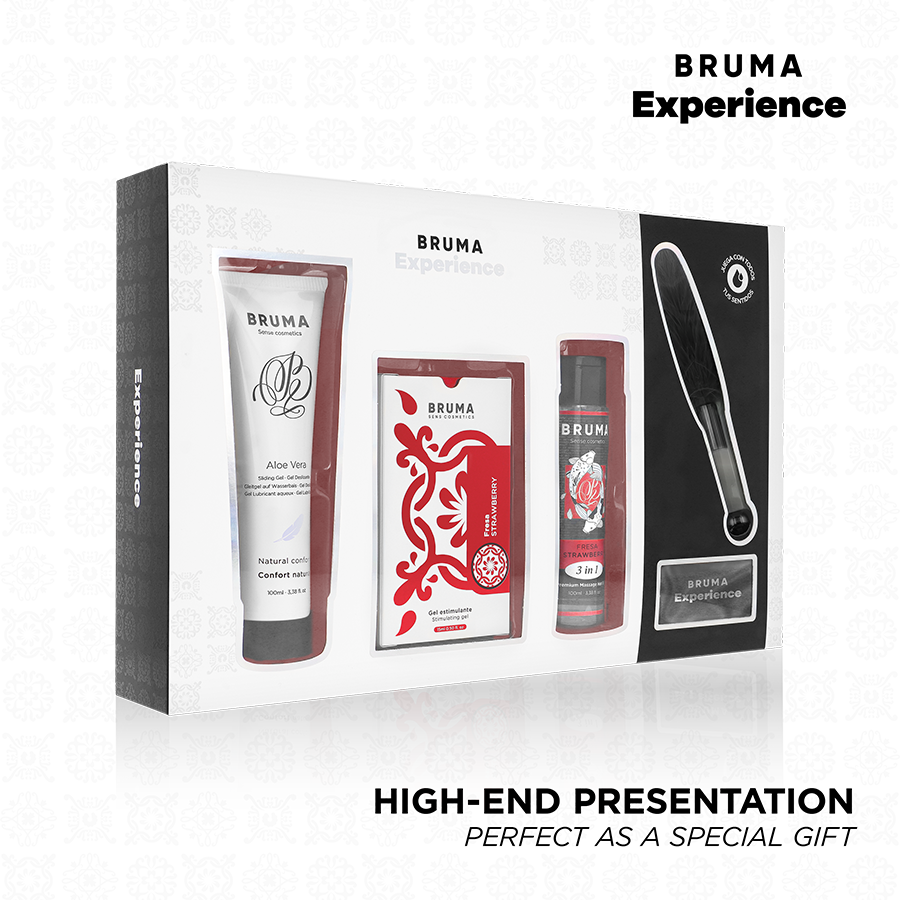 Kit tentazione dolce alla fragola BRUMA XPERIENCE con potenziatore di orgasmo, include dettagli del prodotto e aromi fragola.