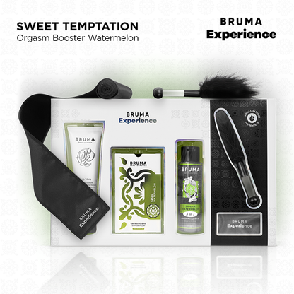 Kit tentazione dolce Anguria di BRUMA XPERIENCE con potenziatore di orgasmo, mostra il set di prodotti e dettagli del packaging