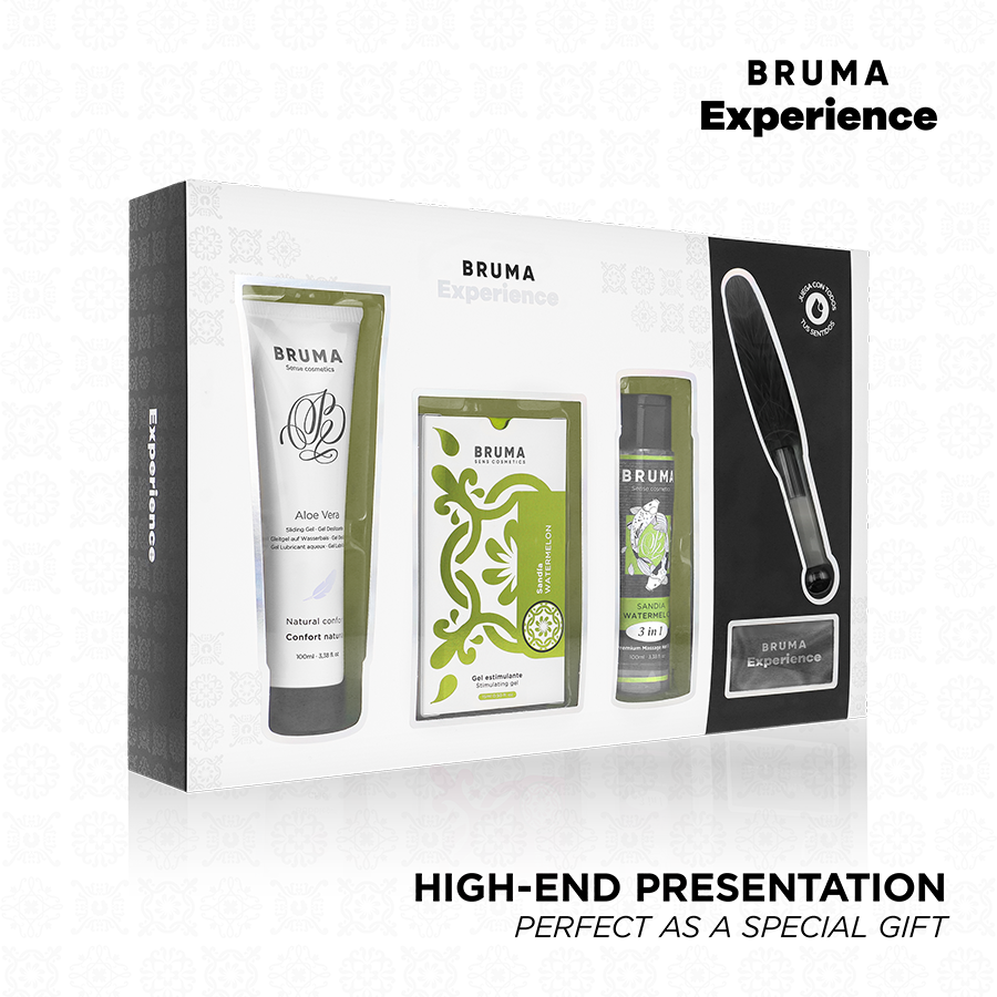 Kit tentazione dolce anguria di BRUMA XPERIENCE con potenziatore di orgasmo, include gel e lubrificante per momenti intimi.