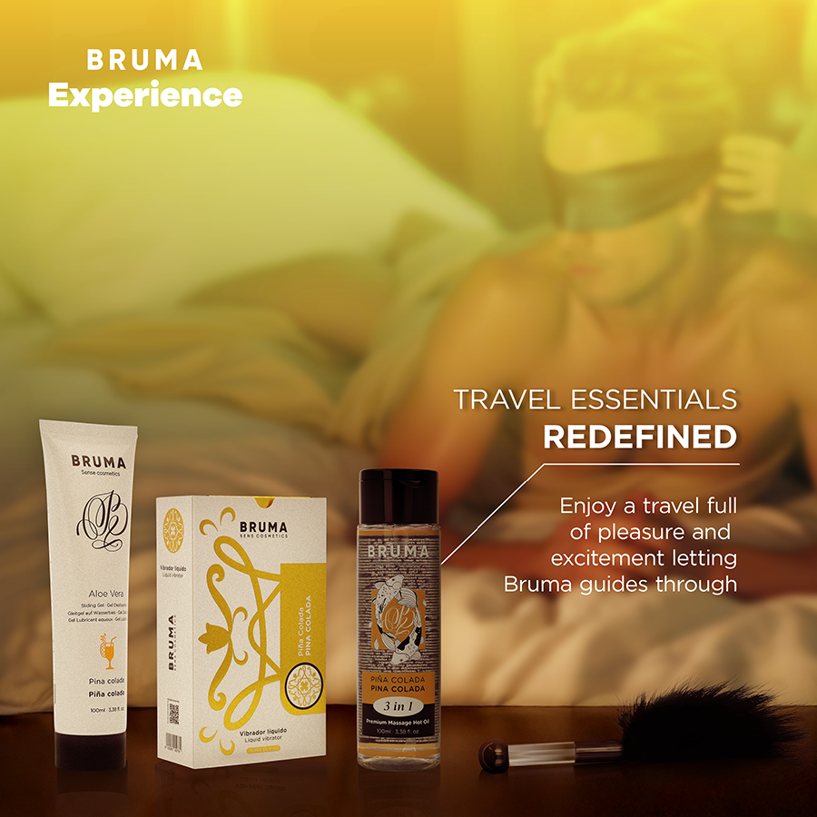 Kit vibro-orgasmica BRUMA XPERIENCE con aroma Pina Colada, include dispositivi e accessori per piacere e tentazione.