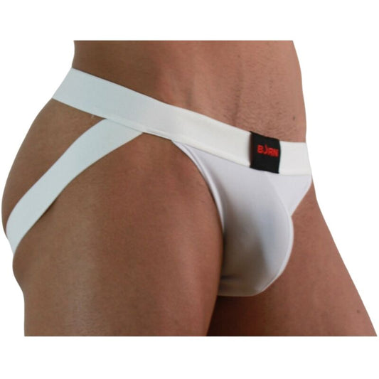 Slip bianco BURN 007 Jock in lycra, modello S, con vestibilità aderente e dettagli elastici, perfetto per sport o fitness.