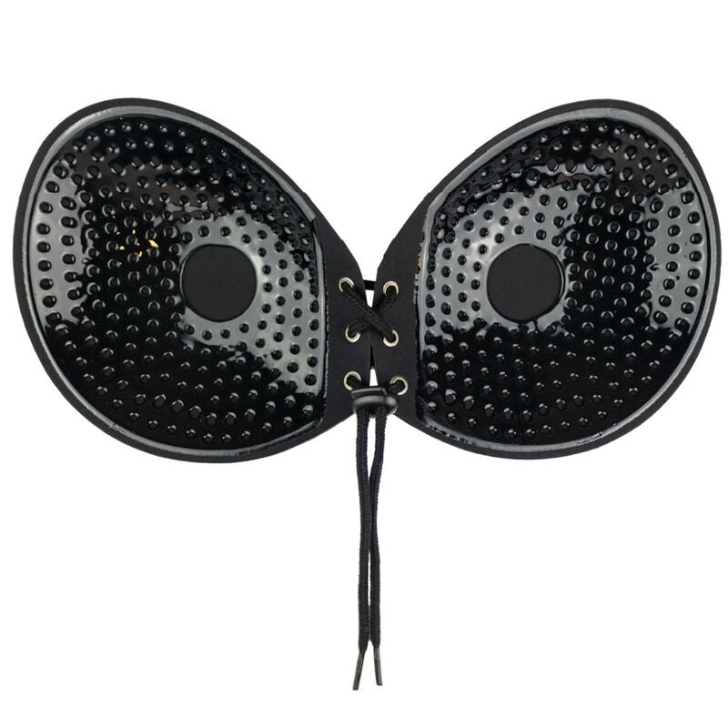 Reggiseno adesivo BYE-BRA, modello intrecciato nero con coppa A, senza spalline, ideale per look senza supporto.