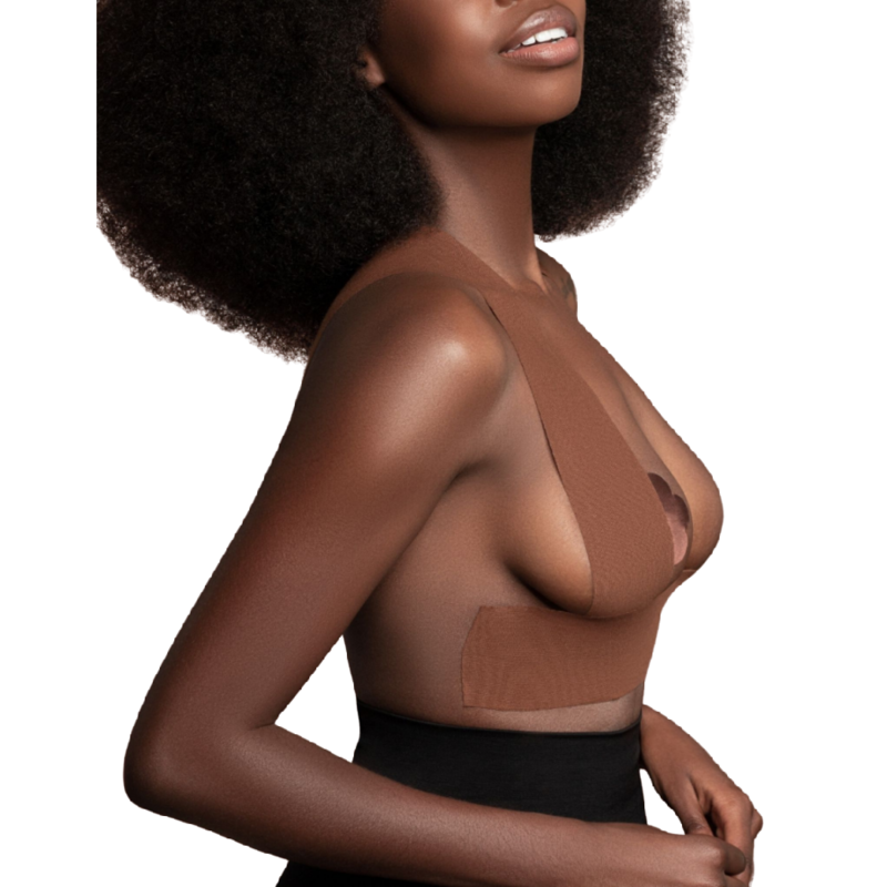 Nastro per il corpo BYE-BRA 5 m x 6,5 cm con 3 paia di copri capezzoli marroni, ideale per coprire la pelle.
