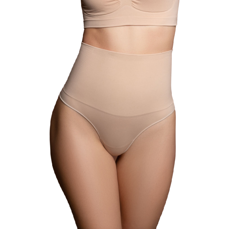 Faja senza cuciture BYE-BRA stile perizoma beige, visibile in dettaglio, tessuto morbido e senza cuciture per comfort.