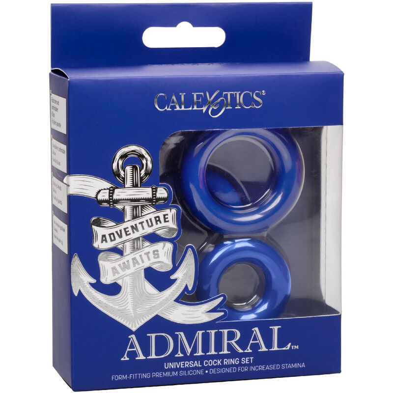 Set di anelli per il cazzo blu CALEXOTICS Admiral, in metallo con finitura lucida e dettagli decorativi.