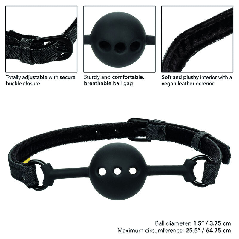 Calexotics Boundless ball gag traspirante in silicone nero con cinturino regolabile, dispositivo BDSM sicuro e confortevole