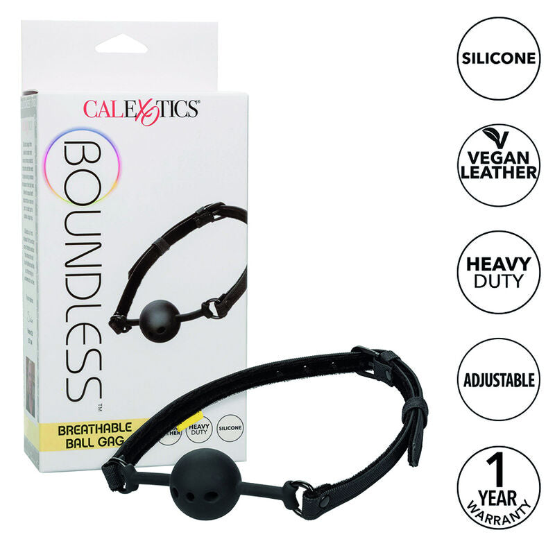 Calexotics Boundless Ball Gag traspirante in silicone nero, dispositivo di bondage per giochi BDSM, con cinturino regolabile.