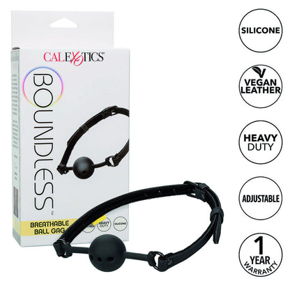 Calexotics Boundless Ball Gag traspirante in silicone nero, dispositivo di bondage per giochi BDSM, con cinturino regolabile.