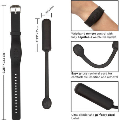 Braccialetto CALEXOTICS REMOTE PETITE BULLET in nero con dettagli in metallo, vista frontale su sfondo bianco