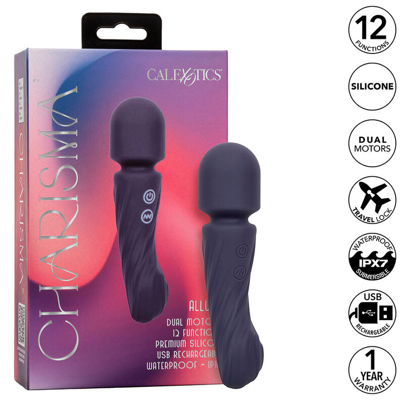 Massaggiatore doppio motore Calexotics Charisma Allure, viola, con 12 funzioni, dimensioni 17,25 x 4,5 cm, in dettaglio.