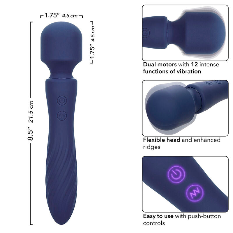 Massaggiatore doppio motore Calexotics Charisma Mystique viola con 12 funzioni, dimensioni 20,5x4,5 cm, design elegante e colorato.