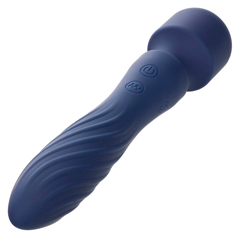 Massaggiatore Calexotics Charisma Mystique viola con doppio motore, 12 funzioni, dimensioni 20,5x4,5 cm, design elegante.