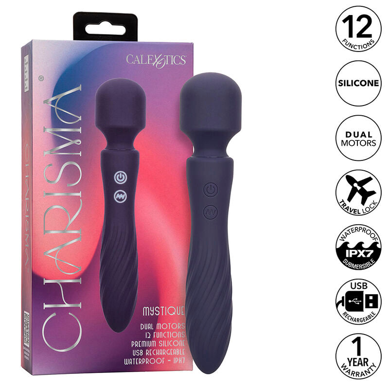 Massaggiatore doppio motore Calexotics Charisma Mystique viola con 12 funzioni, dimensioni 20,5x4,5 cm, design elegante e moderno.