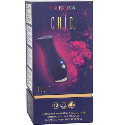 Massaggiatore Chic Tulip CALEXOTICS in colore blu, dispositivo di piacere e relax, con forma a tulipano e design ergonomico.