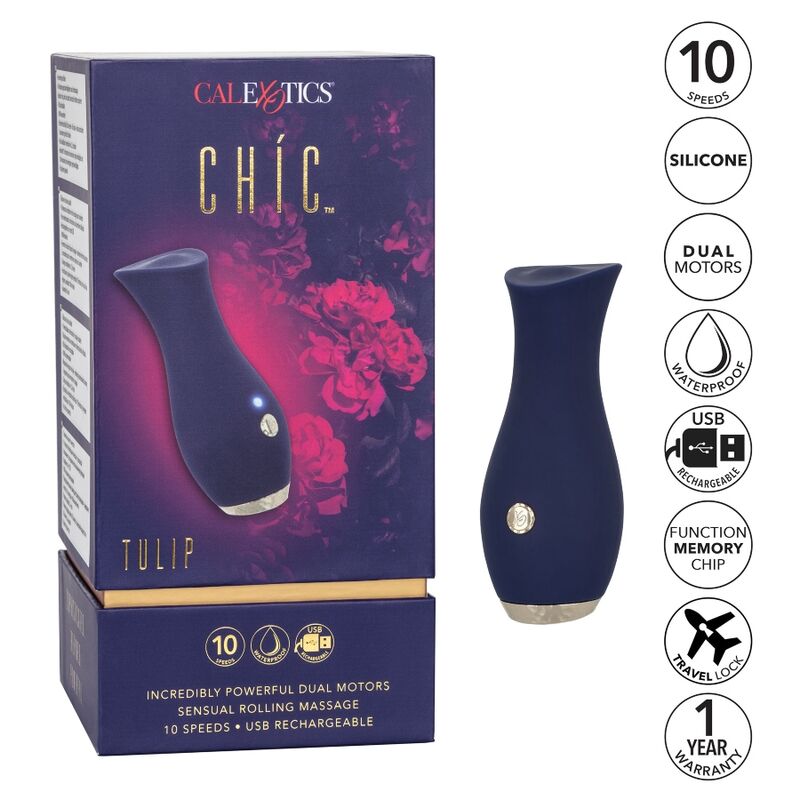 Massaggiatore Chic Tulip di CALEXOTICS, dispositivo blu con forma a tulipano, ideale per massaggi rilassanti e benessere.