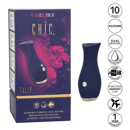 Massaggiatore Chic Tulip di CALEXOTICS, dispositivo blu con forma a tulipano, ideale per massaggi rilassanti e benessere.
