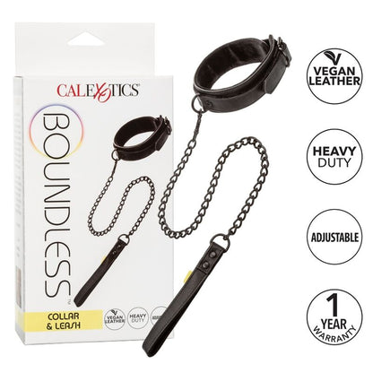 Collare e guinzaglio CALEXOTICS Boundless in pelle nero con rifiniture metalliche, ideale per uso BDSM e giochi di ruolo.
