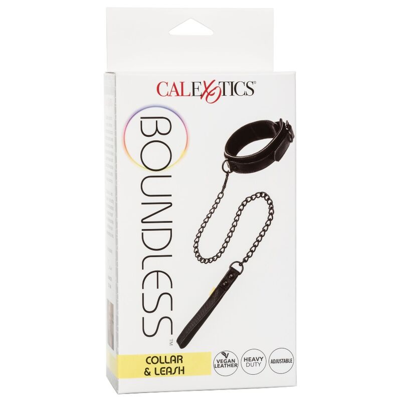 Collare e guinzaglio Boundless di CALEXOTICS, in pelle nera con dettagli in metallo, adatti per uso BDSM e giochi di ruolo.