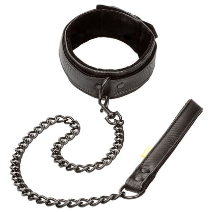 Collare e guinzaglio Boundless di CALEXOTICS, accessori in pelle nera con fibbie metalliche, perfetti per il bondage.