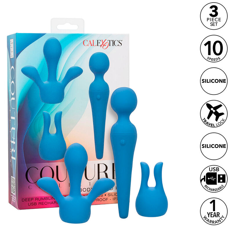 Vibratore wand Calexotics Couture Kit con 10 vibrazioni, colore blu, dispositivo per piacere personale e stimolazione.