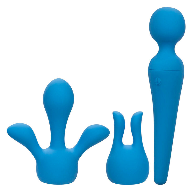 Vibratore wand CALEXOTICS Couture Kit con 10 modalità di vibrazione, colore blu, in primo piano.