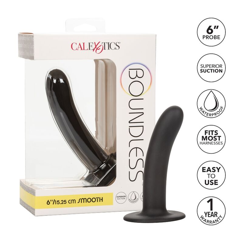 Dildo Boundless di CALEXOTICS, 15,25 cm, compatibile con limbracatura, superficie liscia, in primo piano sull'immagine