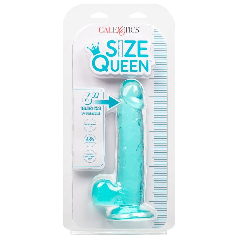 Dildo Regina blu di Calexotics, lunghezza di 15,3 cm, rivestimento in silicone morbido, design realistico per uso intimo.
