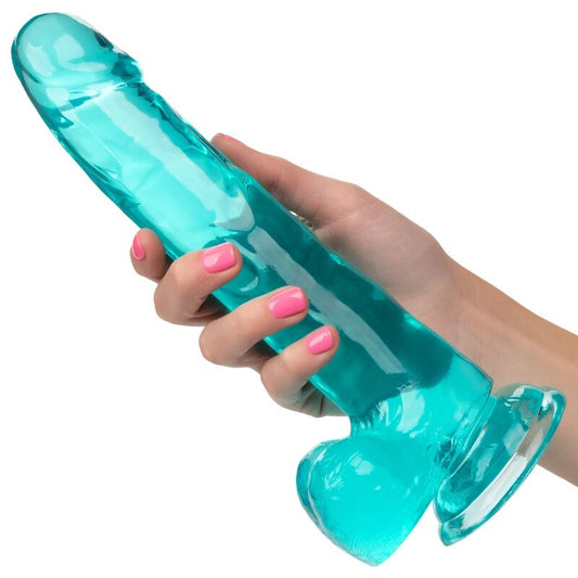 Dildo Regina CALEXOTICS blu, lunghezza di 20,3 cm, con dettagli realistici e superficie liscia, usato per piacere personale.
