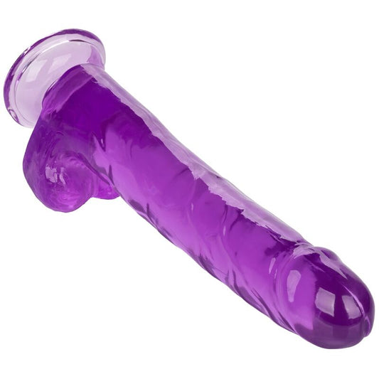 Dildo Regina viola di CALEXOTICS, 25,5 cm, con superficie liscia e dettagli realistici, posizionato su sfondo neutro.