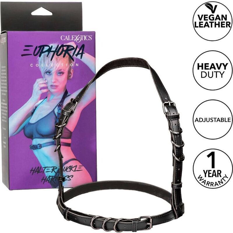 Imbracatura CALEXOTICS Euphoria con fibbia halter nera, dettagli in tessuto nero e design elegante per uso intimo.