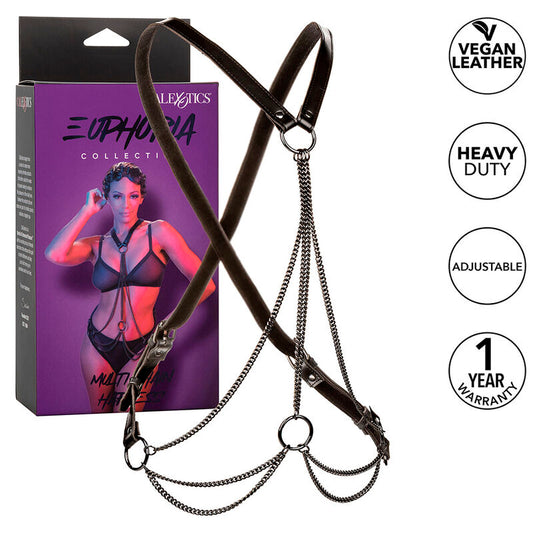 Imbracatura multichain CALEXOTICS Euphoria Premium con dettagli in acciaio e nylon, mostrata in primo piano con chiusure robuste e design elegante.