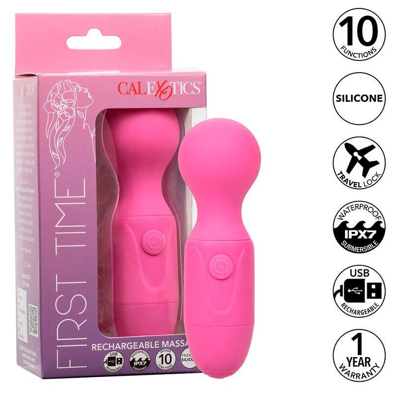 Massaggiatore ricaricabile CALEXOTICS First Time con 10 vibrazioni, colore rosa, visibile in dettaglio sull'immagine.