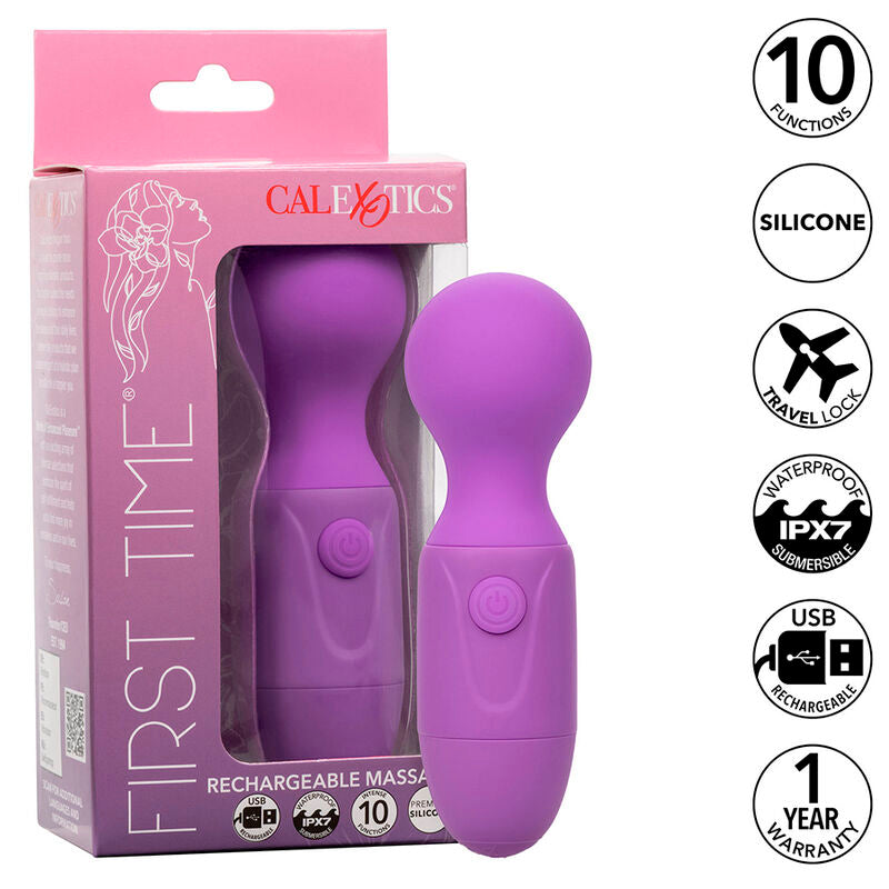 Massaggiatore ricaricabile CALEXOTICS FIRST TIME con 10 vibrazioni, colore viola, visibile con superficie liscia e design ergonomico.
