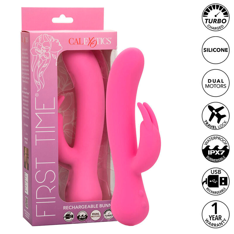 Vibratore coniglio rosa ricaricabile CALEXOTICS First Time, design ergonomico e dettagli realistici per piacere e stimolazione