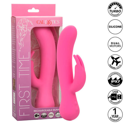 Vibratore coniglio rosa ricaricabile CALEXOTICS First Time, design ergonomico e dettagli realistici per piacere e stimolazione