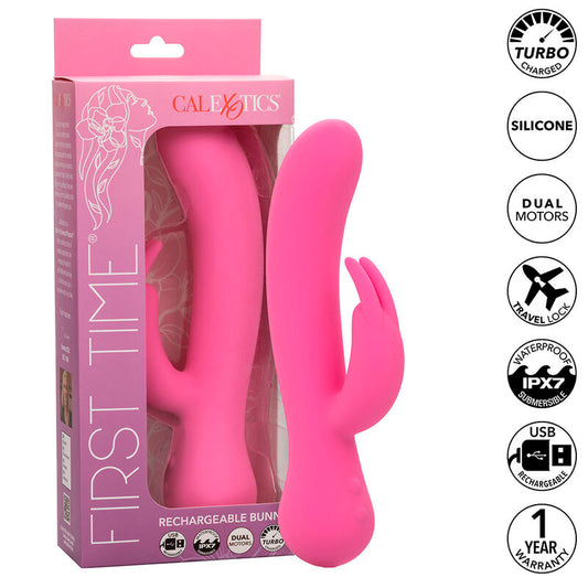 Vibratore coniglio rosa ricaricabile CALEXOTICS First Time, design ergonomico e dettagli realistici per piacere e stimolazione
