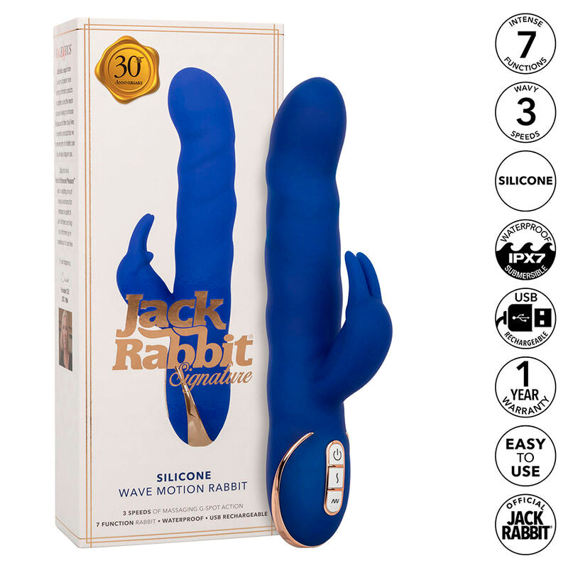 Vibratore Jack Rabbit CALEXOTICS Wave Motion blu con design ergonomico e stimolazione duale, aperto e in vista.