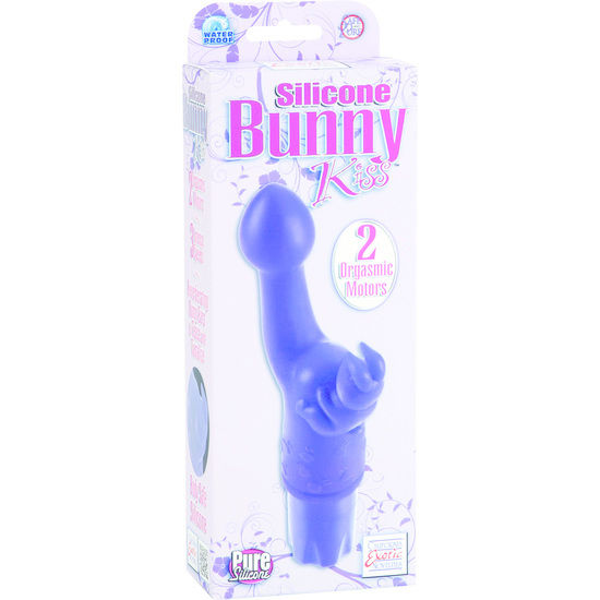 Calexotics Kiss Silicone Bunny Viola, vibratore in silicone rosa con orecchie da coniglio, design elegante e realistico.