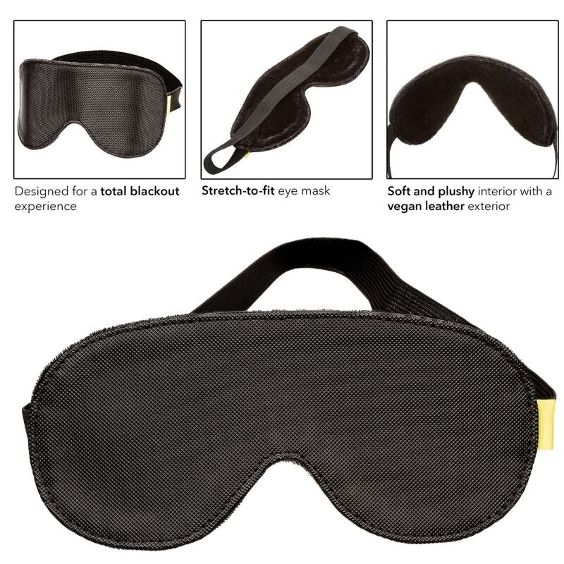 Maschera per occhi blackout CALEXOTICS, nera, morbida e senza limiti, ideale per il riposo e il relax, vista frontale sul volto.