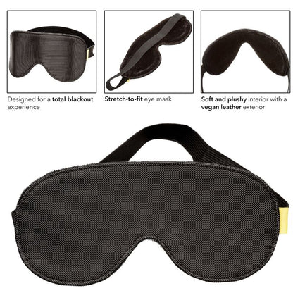 Maschera per occhi blackout CALEXOTICS, nera, morbida e senza limiti, ideale per il riposo e il relax, vista frontale sul volto.