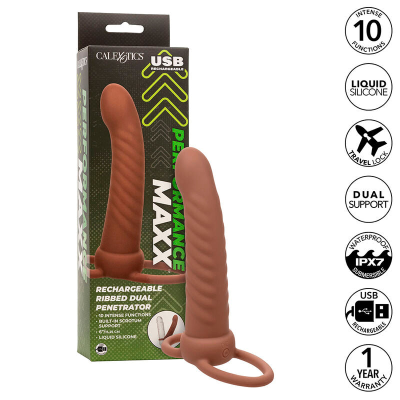 Calexotics Maxx Ribbed Dual Penetrator con 10 vibrazioni marrone, dispositivo di piacere con design a righe.