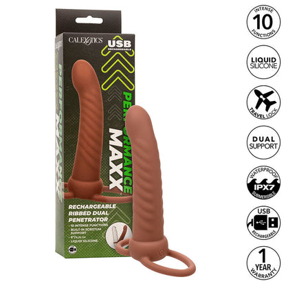 Calexotics Maxx Ribbed Dual Penetrator con 10 vibrazioni marrone, dispositivo di piacere con design a righe.