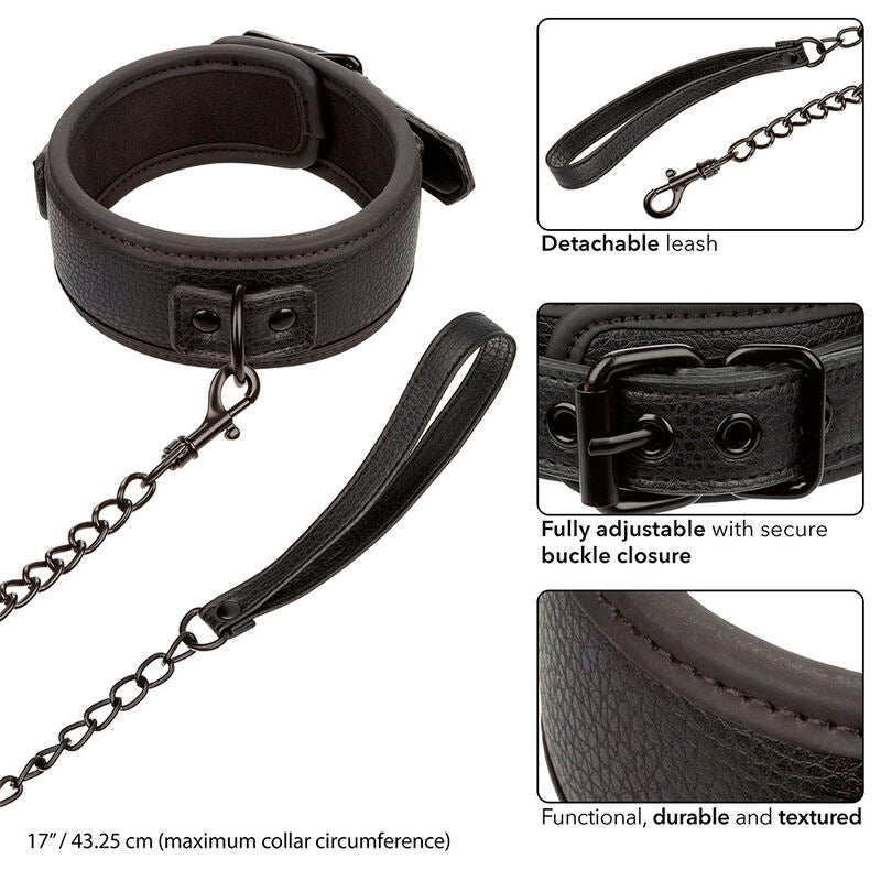 Collare e guinzaglio in pelle nero regolabile di CALEXOTICS Nocturnal, accessori per animali domestici eleganti e resistenti.