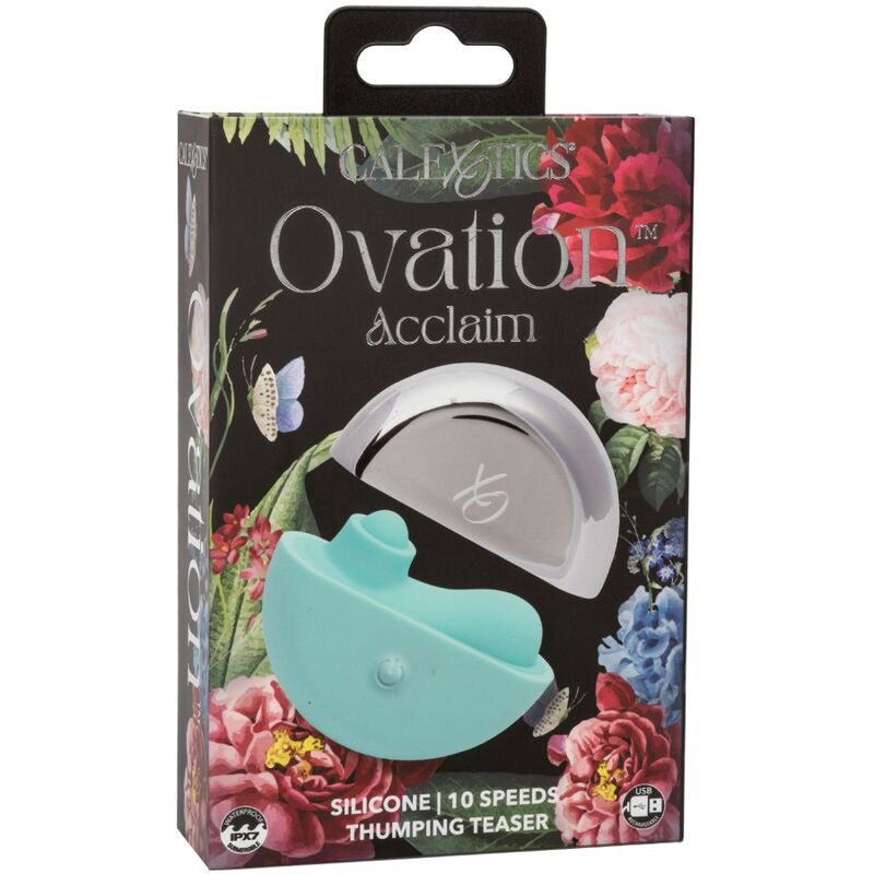 Stimolatore Clitoride Calexotics Ovation Acclaim Verde Acqua, design ergonomico e dettagli colorati, per massaggi e piacere.