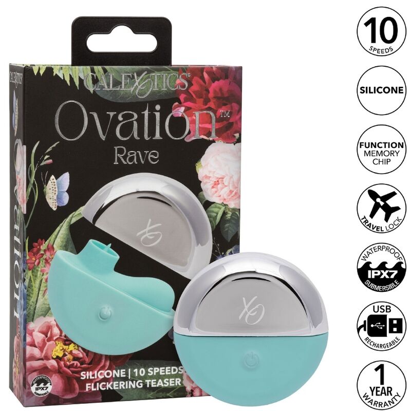 Stimolatore Rave verde acqua di Calexotics Ovation, dispositivo di piacere con design ergonomico e texture liscia.