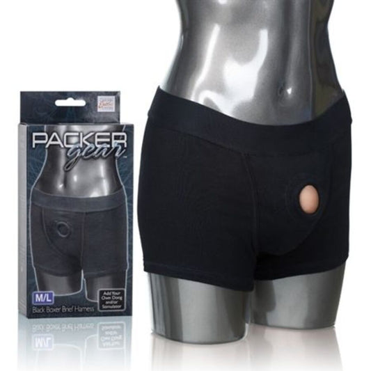 Boxer breve Imbragatura M/L CALEXOTICS Packer Gear, intimo maschile comodo e aderente in morbido tessuto nero.
