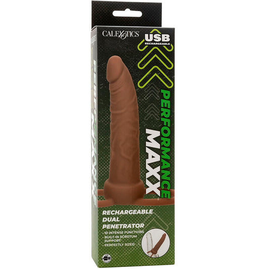 Penetratore ricaricabile doppio Calexotics Performance Maxx marrone in pelle, design elegante e materiali di alta qualità.