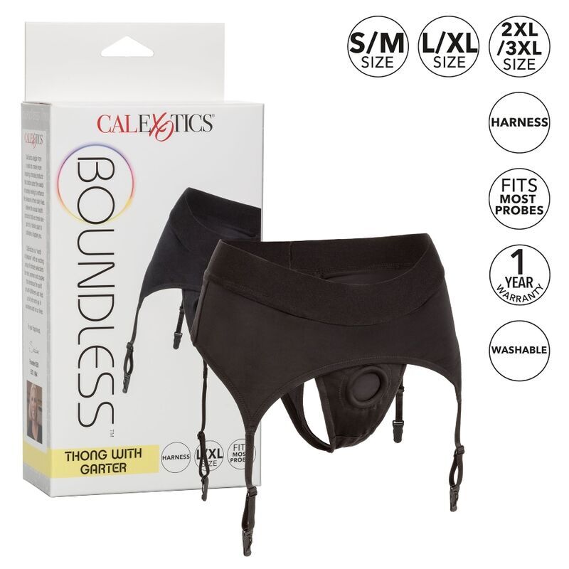 Perizoma senza limitazione CALEXOTICS con giarrettiera, taglia L/XL, in tessuto nero e dettagli eleganti.