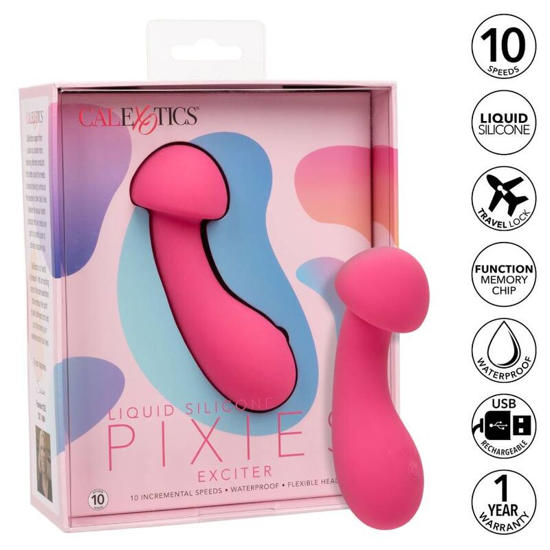 Eccitatore rosa Pixies di CALEXOTICS, design compatto e colorato, con superficie liscia e motore potente per piacere personale